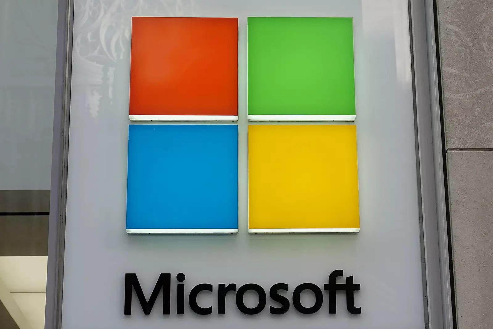 FILE PHOTO: A Microsoft logo is pictured on a store in New York
